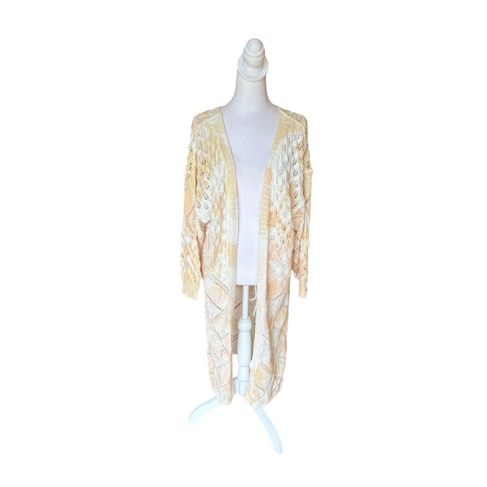 POL Long Line Knit Duster Cardigan Sweater Womens Small Excellent Cream Tan Pink